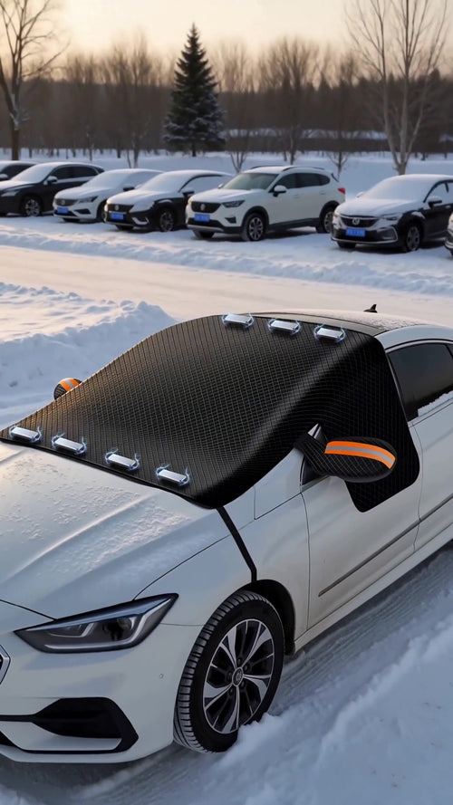 Pokrowiec założony na auto na zaśnieżonym parkingu